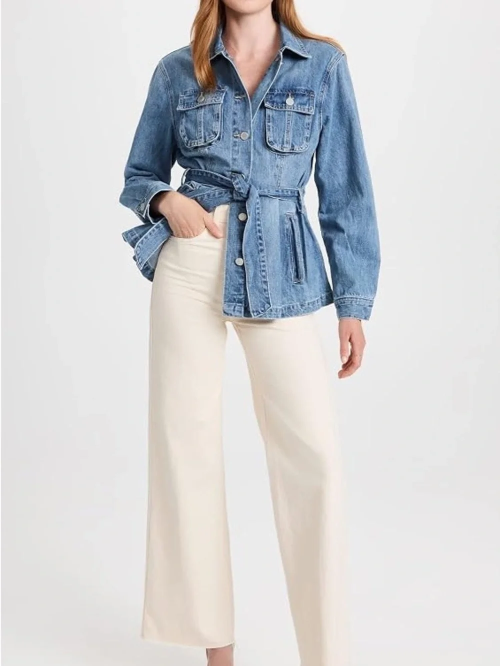 Blank NYC Left on Read Denim Utility Belted Jacket - Light Blue NWT Size Medium